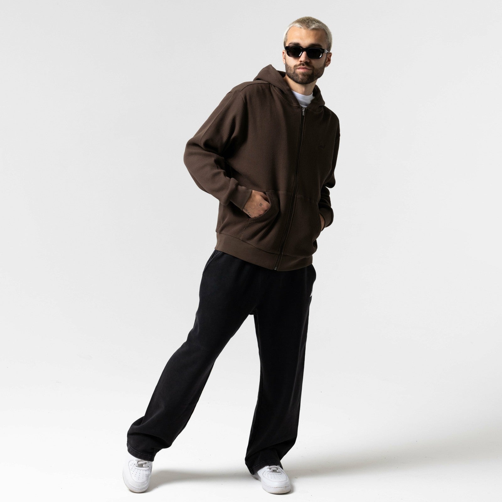 Castanza Waffle Knit Zip Up Hoodie (Brown) - Ripndip